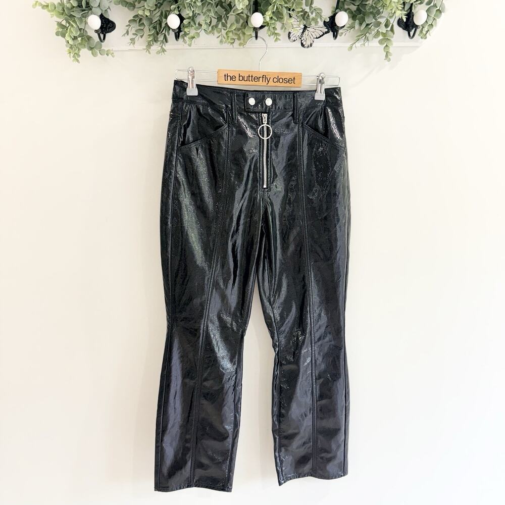 Good American Good Straight Black Leather Pants Buckle Size 2/26 FF5048